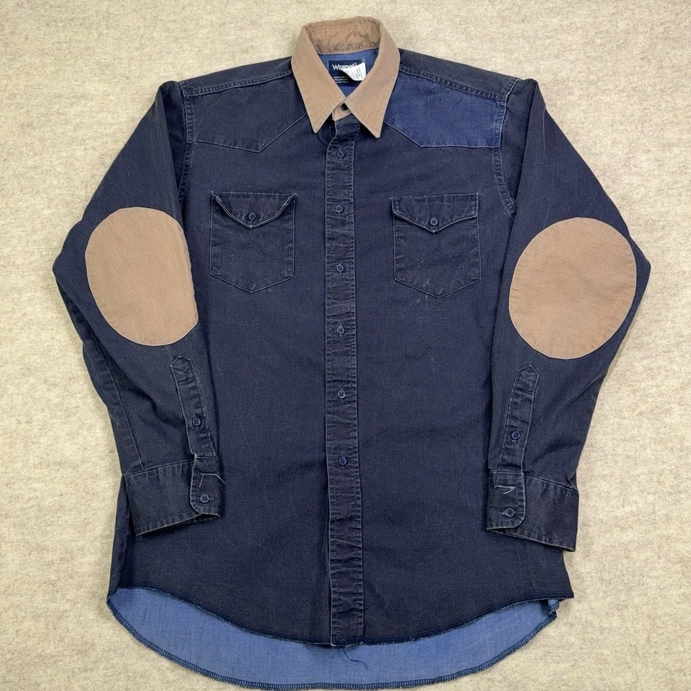 Vtg Wrangler Chambray Shirt Mens 15.5/34 Blue Western Brushpopper Made in USA